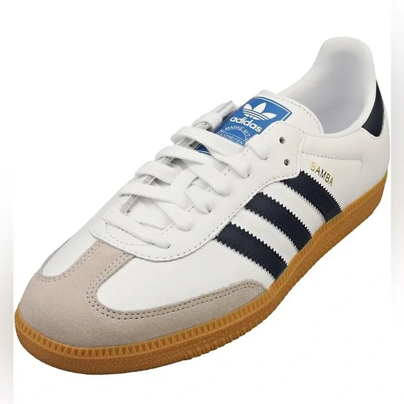 adidas Samba Og Men's 3-Stripes Retro Contrast 70S Trainers (White Navy - Picture 2 of 4